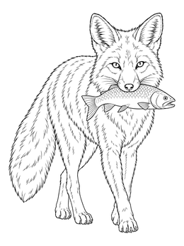 A detailed fox coloring page showing a fox holding a caught fish firmly in its jaws.