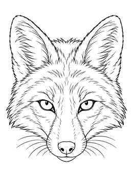 Detailed fox coloring page showing a close-up portrait of a wild fox face.