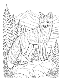 A realistic fox coloring page standing on a rocky ledge with pine trees and mountains.