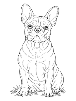 A detailed french bulldog coloring page showing the dog sitting alert on grass.