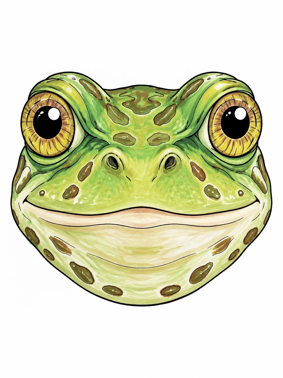 Colored example of the Realistic Frog Face Close Up coloring page
