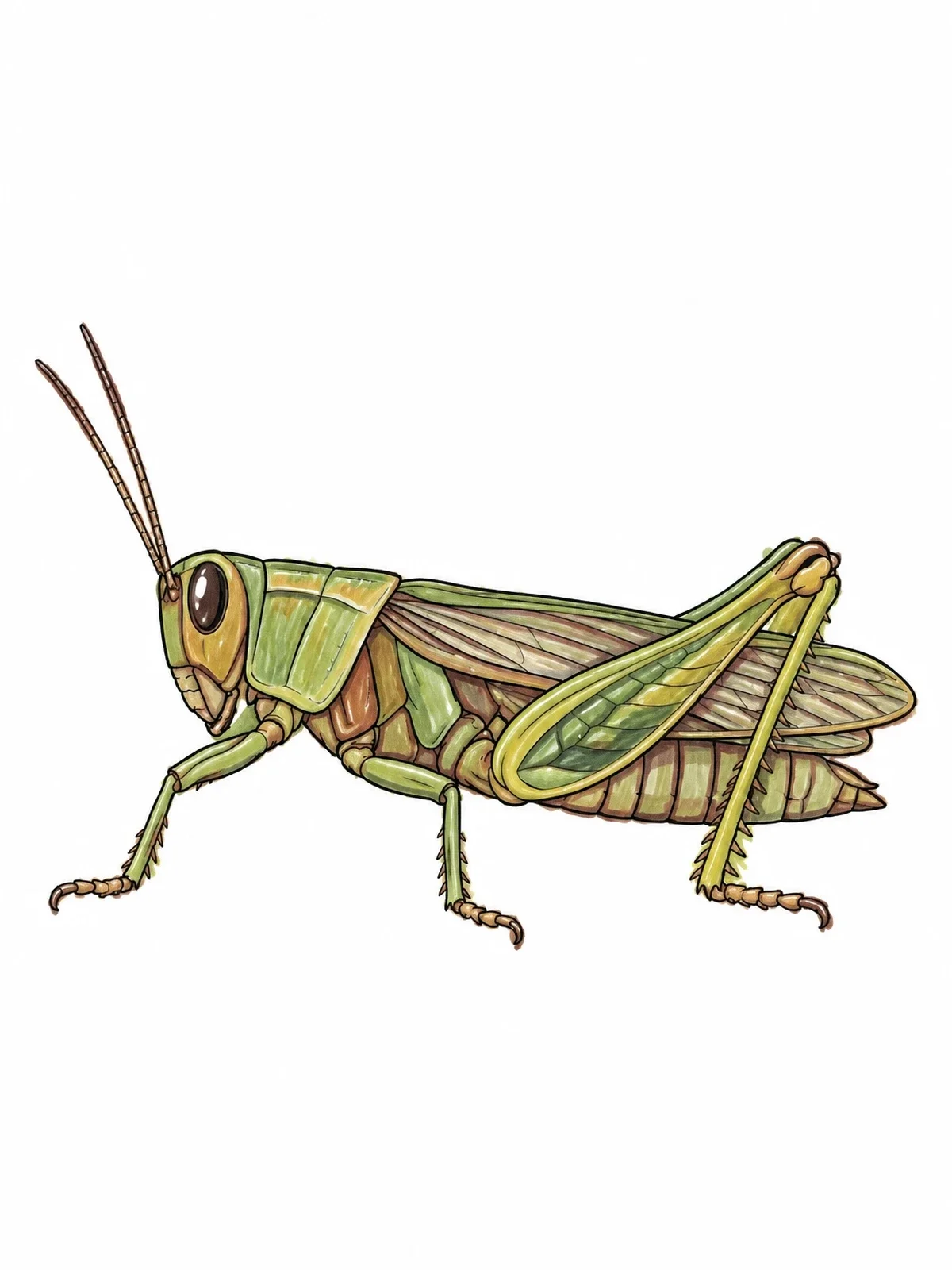 Colored example of the Realistic Grasshopper Side Profile coloring page