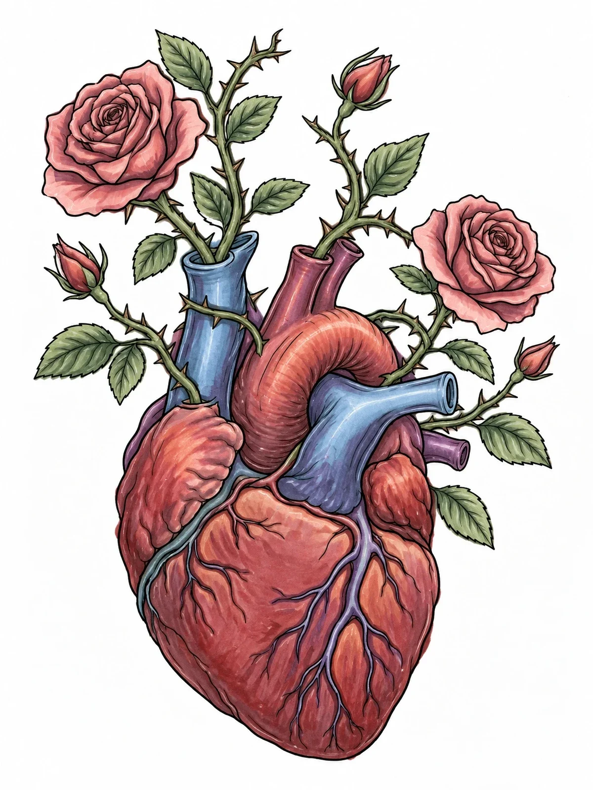 Colored example of the Anatomical Heart With Blooming Rose Vines coloring page