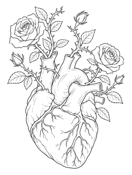 Free printable Anatomical Heart With Blooming Rose Vines coloring page