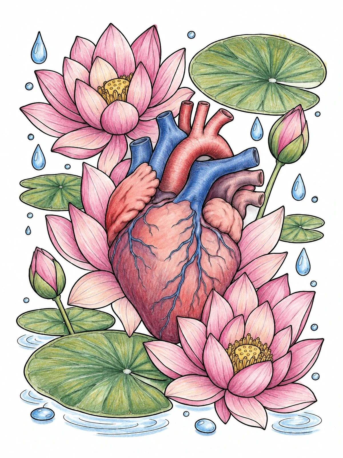Colored example of the Anatomical Heart And Lotus Flowers coloring page