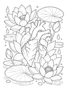 A detailed realistic heart coloring page resting among serene blooming lotuses and lily pads.
