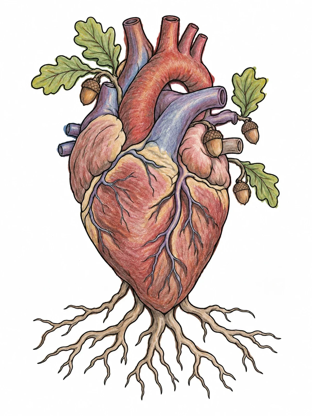 Colored example of the Anatomical Heart With Oak Roots coloring page