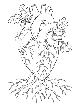 A realistic heart coloring page intertwined with oak leaves, acorns, and spreading roots.