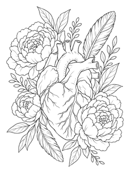 A detailed realistic heart coloring page surrounded by blooming peonies and bird feathers.