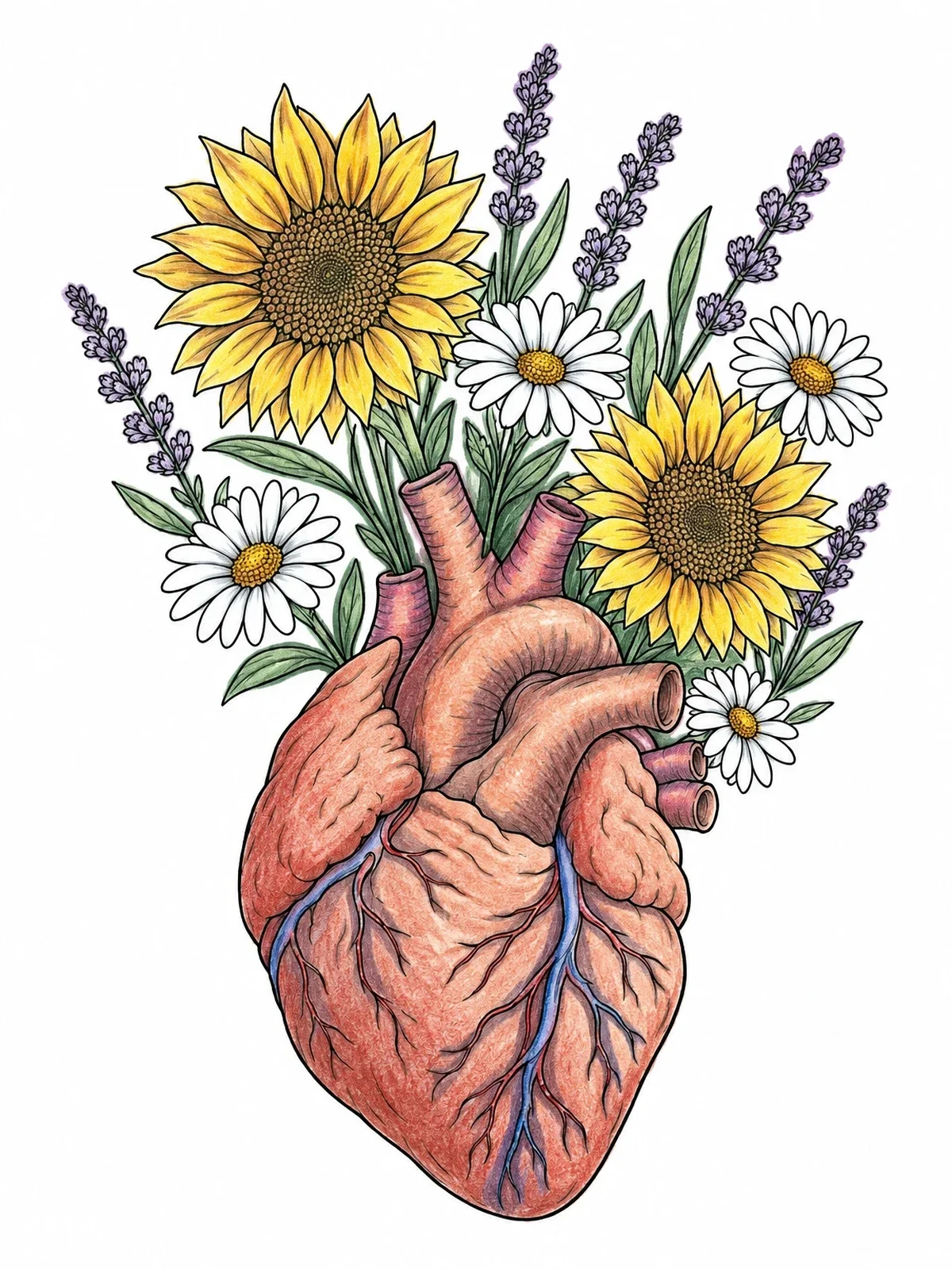 Colored example of the Anatomical Heart With Blooming Flowers coloring page
