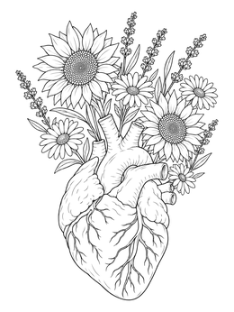 Free printable Anatomical Heart With Blooming Flowers coloring page