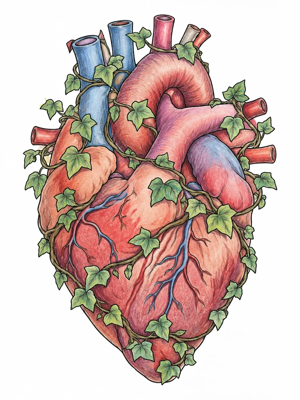 Colored example of the Anatomical Heart With Ivy Vines coloring page