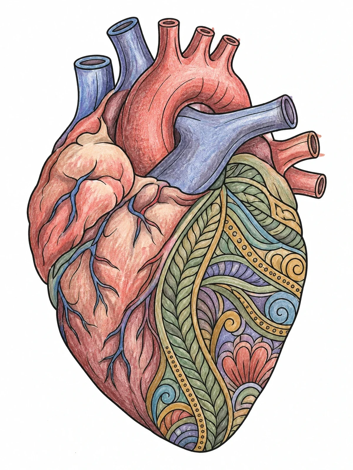Colored example of the Intricate Anatomical Heart With Zentangle Patterns coloring page