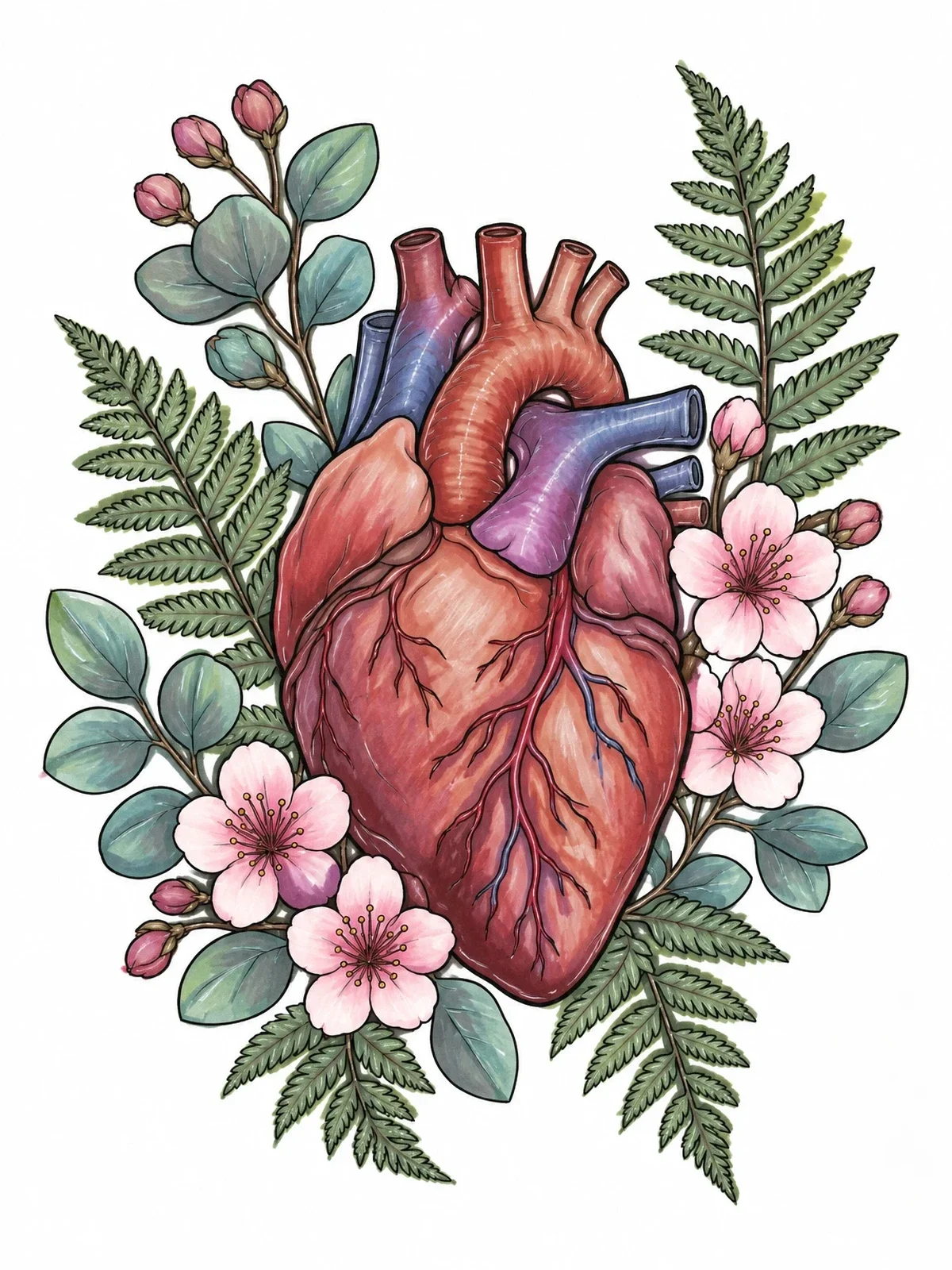 Colored example of the Botanical Human Heart With Flowers coloring page
