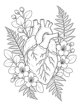 Free printable Botanical Human Heart With Flowers coloring page