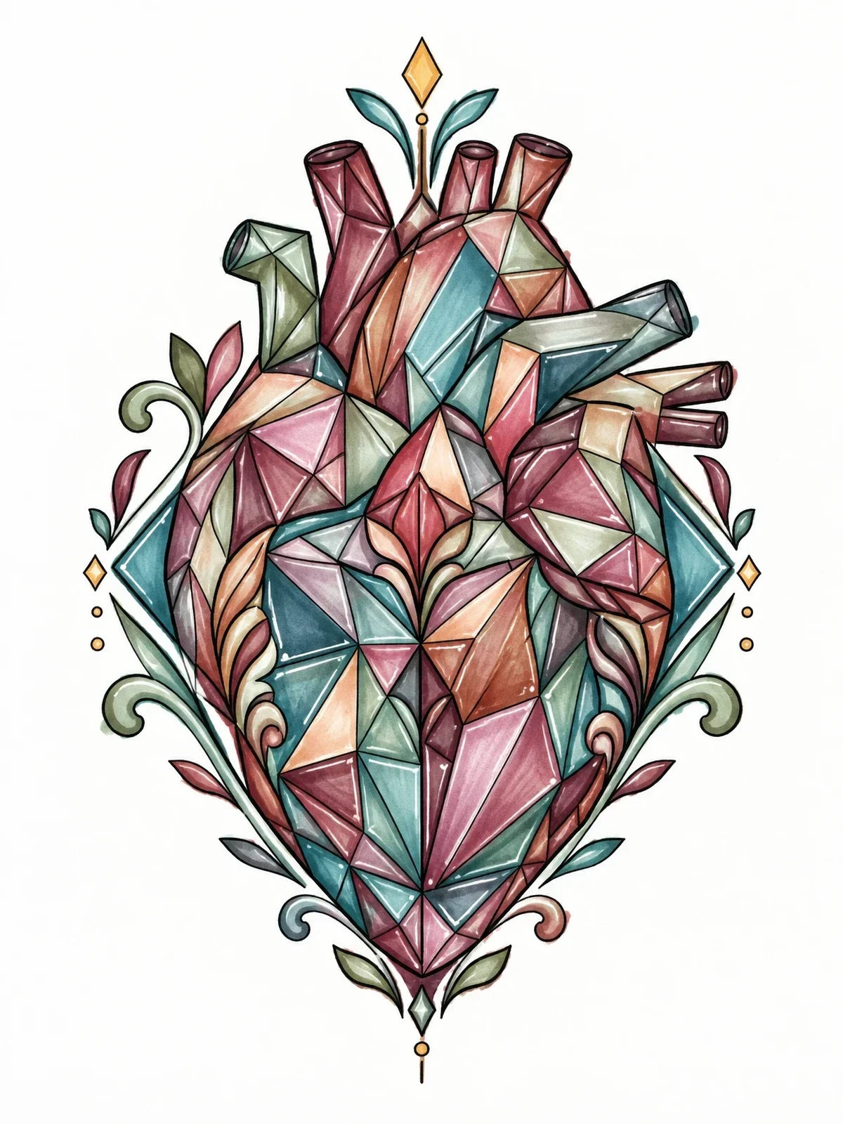 Colored example of the Geometric Human Heart With Filigree coloring page
