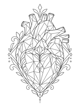An anatomical realistic heart coloring page designed with geometric facets and elegant floral filigree.