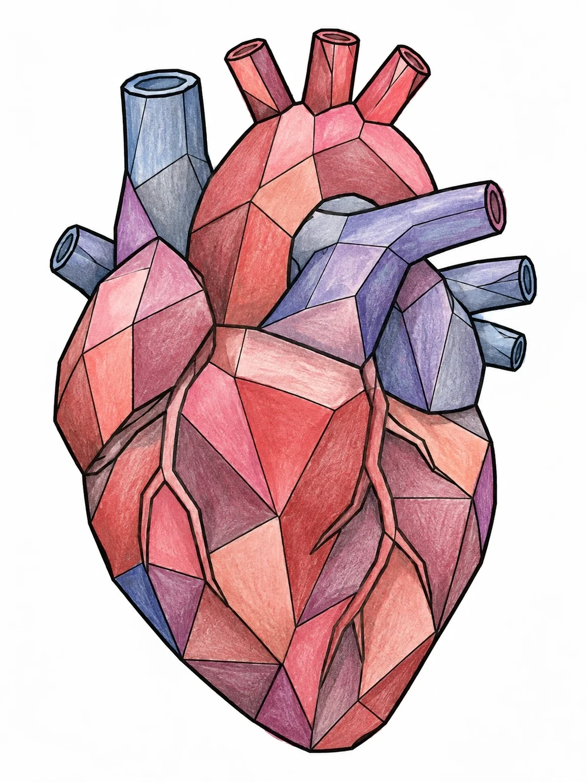 Colored example of the Geometric Low Poly Anatomical Heart coloring page