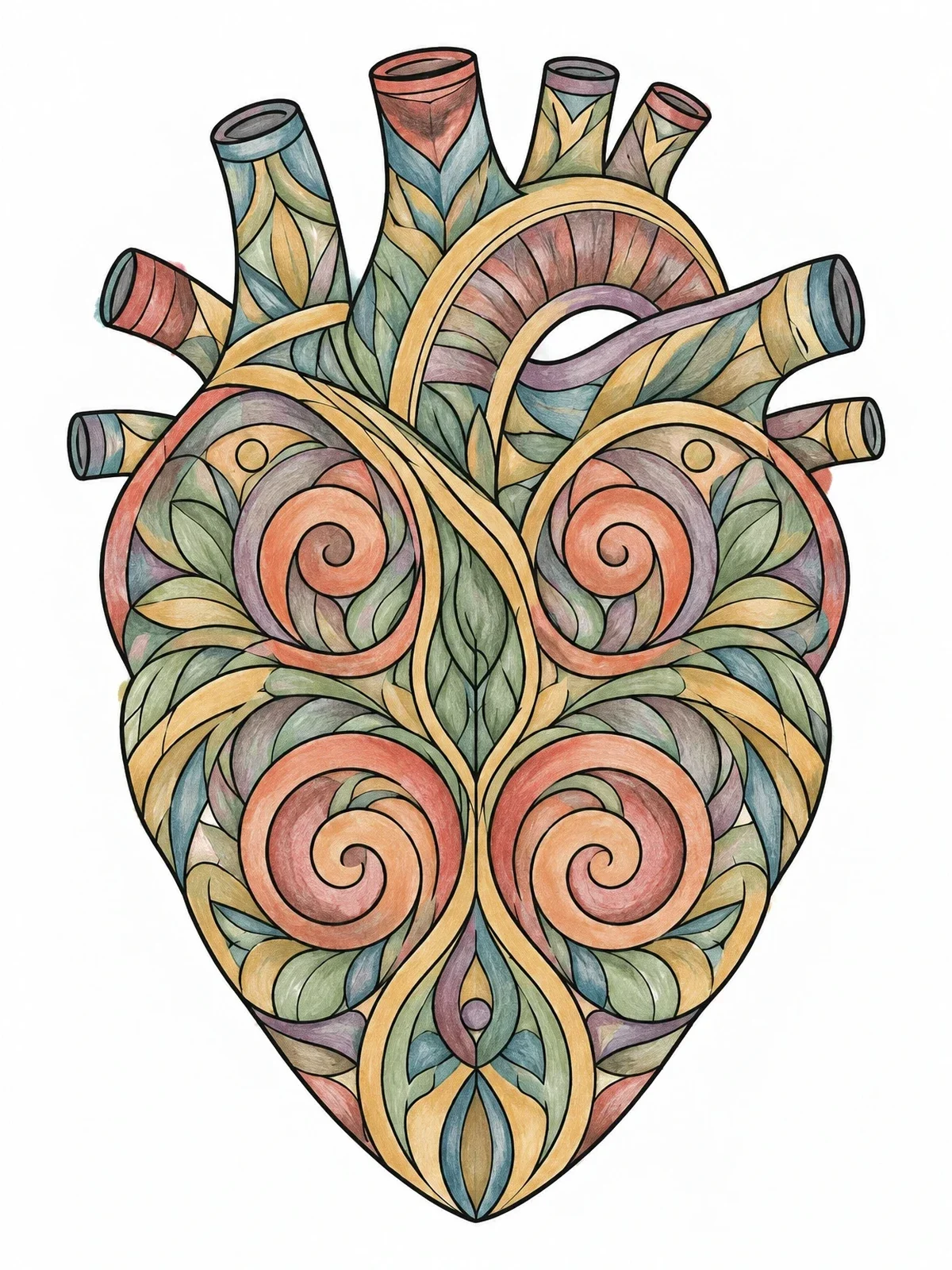 Colored example of the Intricate Mandala Anatomical Heart coloring page