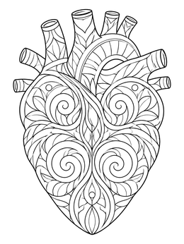 Anatomical realistic heart coloring page decorated with intricate mandala spirals and leaf patterns.