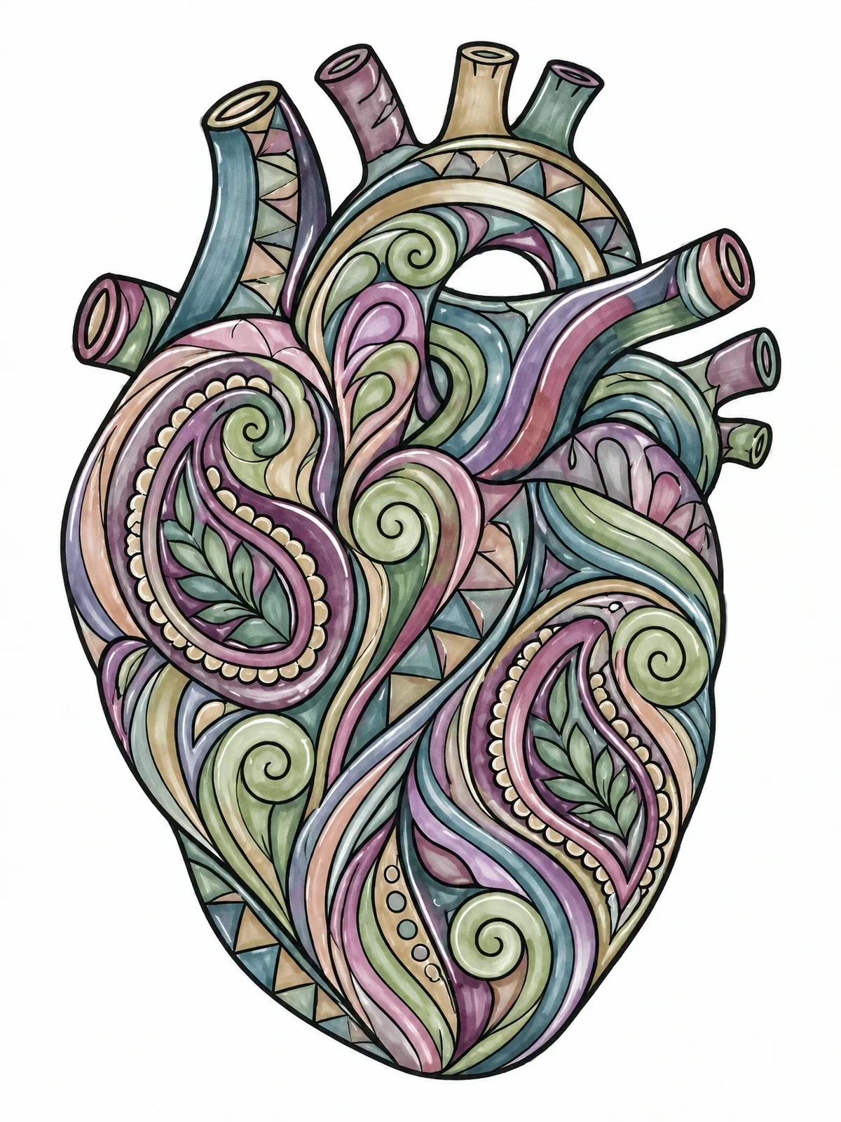 Colored example of the Ornate Anatomical Paisley Heart coloring page