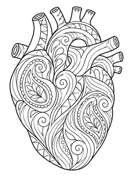 An intricate realistic heart coloring page decorated with swirling paisley patterns.
