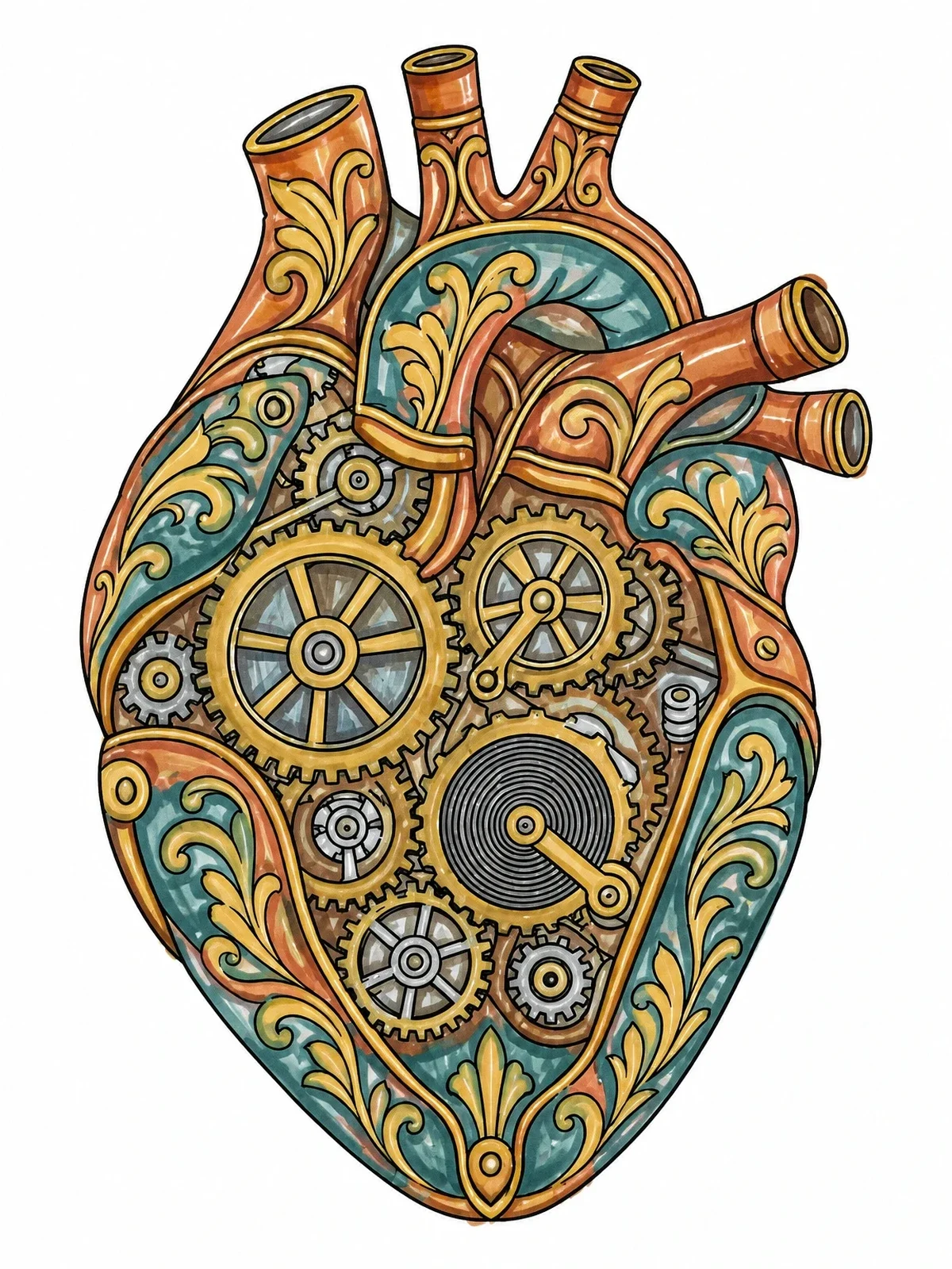 Colored example of the Steampunk Mechanical Anatomical Heart coloring page