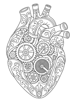 Steampunk mechanical gears inside a realistic heart coloring page with ornate engravings.