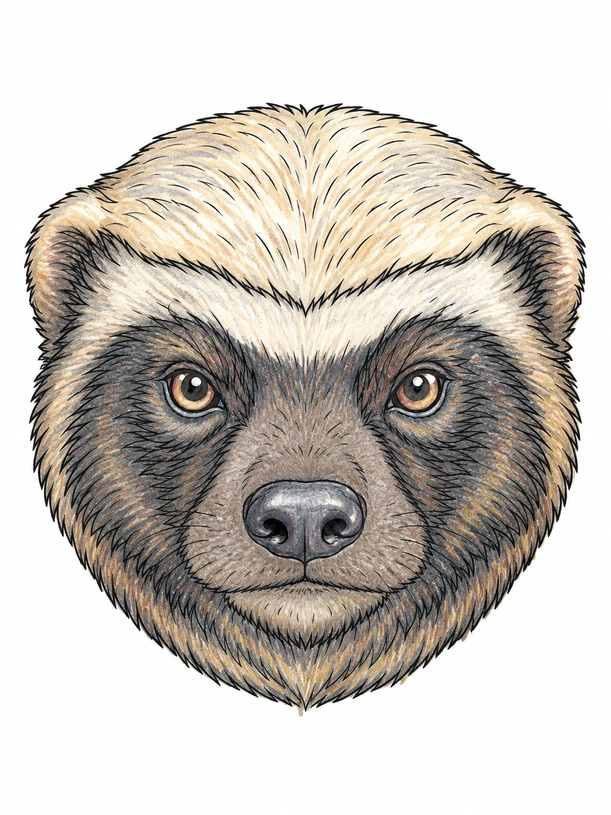 Colored example of the Realistic Honey Badger Face Portrait coloring page