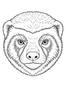 A detailed badger coloring page showing a close-up portrait of a honey badger face.