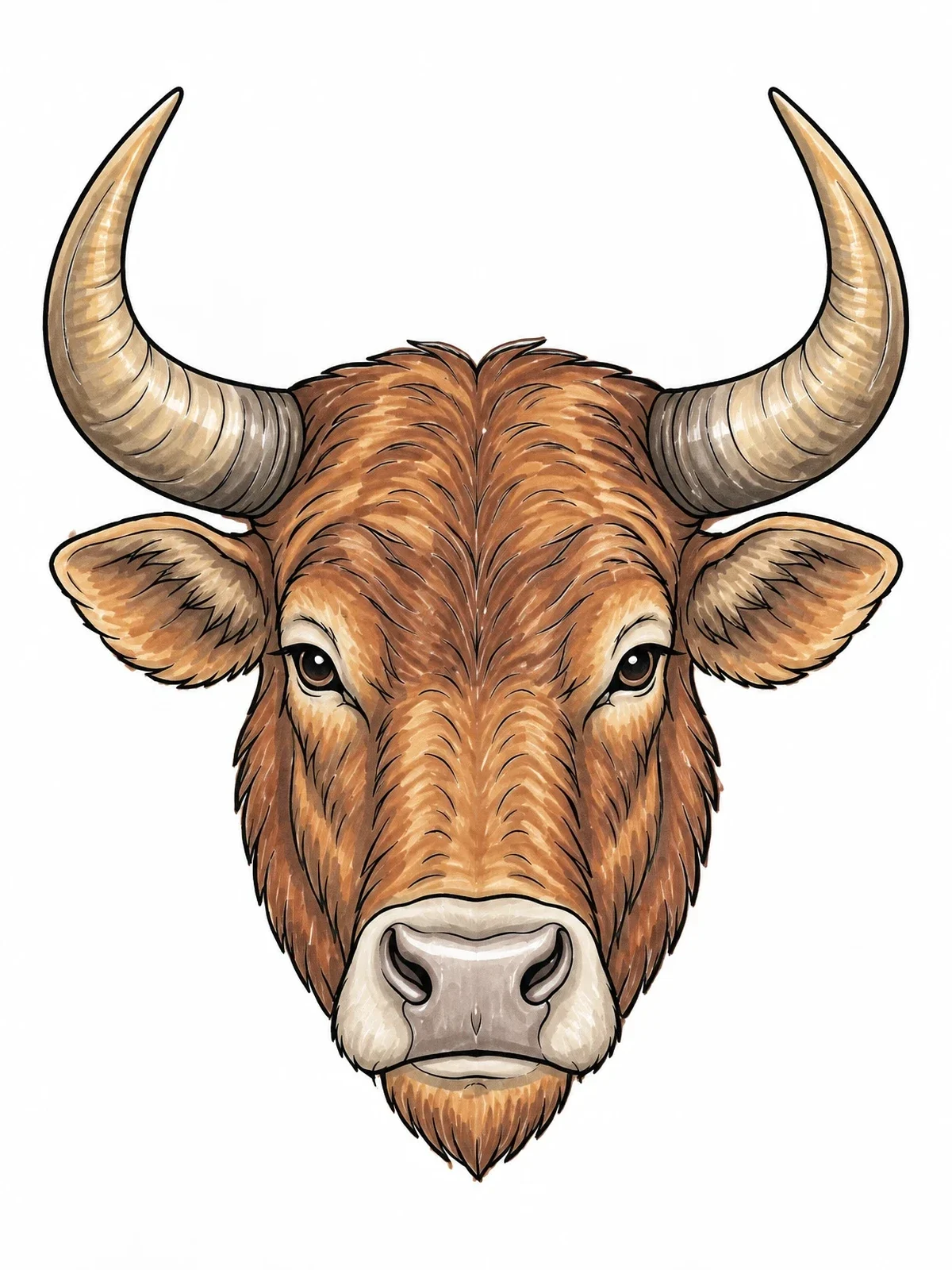 Colored example of the Realistic Horned Bull Portrait coloring page