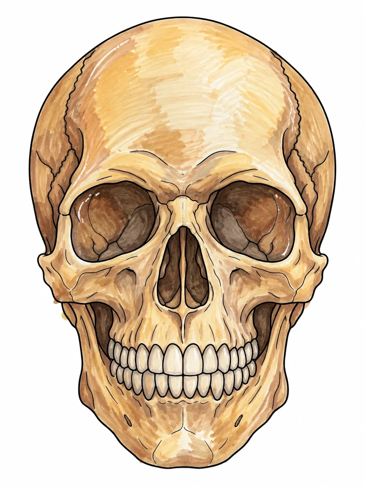 Colored example of the Realistic Human Skull Outline coloring page