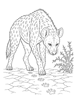 A realistic spotted hyena tracking footprints in this detailed hyena coloring page.
