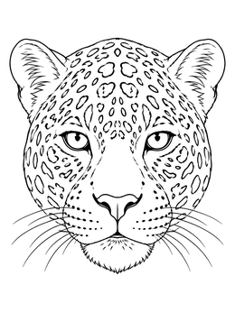 A detailed jaguar coloring page portrait showing distinct spotted patterns and intense eyes.
