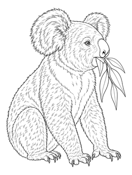 A realistic koala coloring page showing the fluffy marsupial eating eucalyptus leaves.