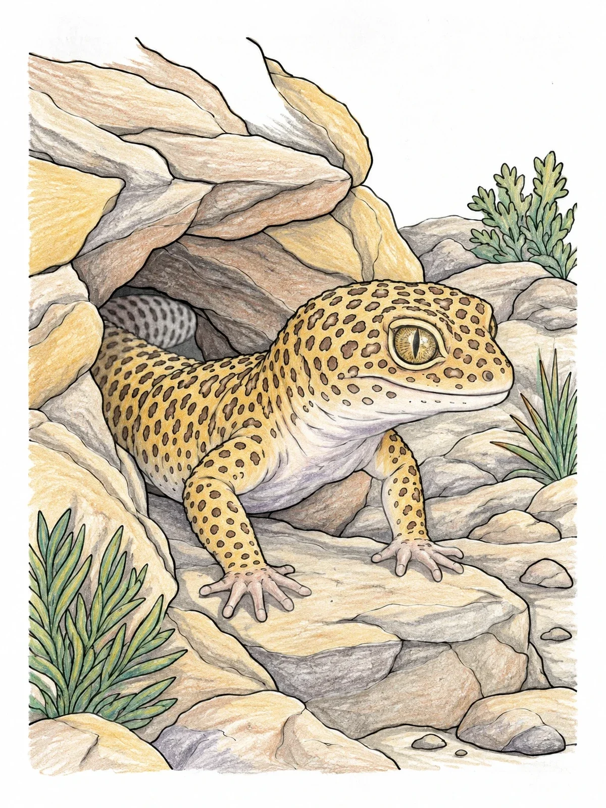 Colored example of the Leopard Gecko Emerging From Rocky Cave coloring page