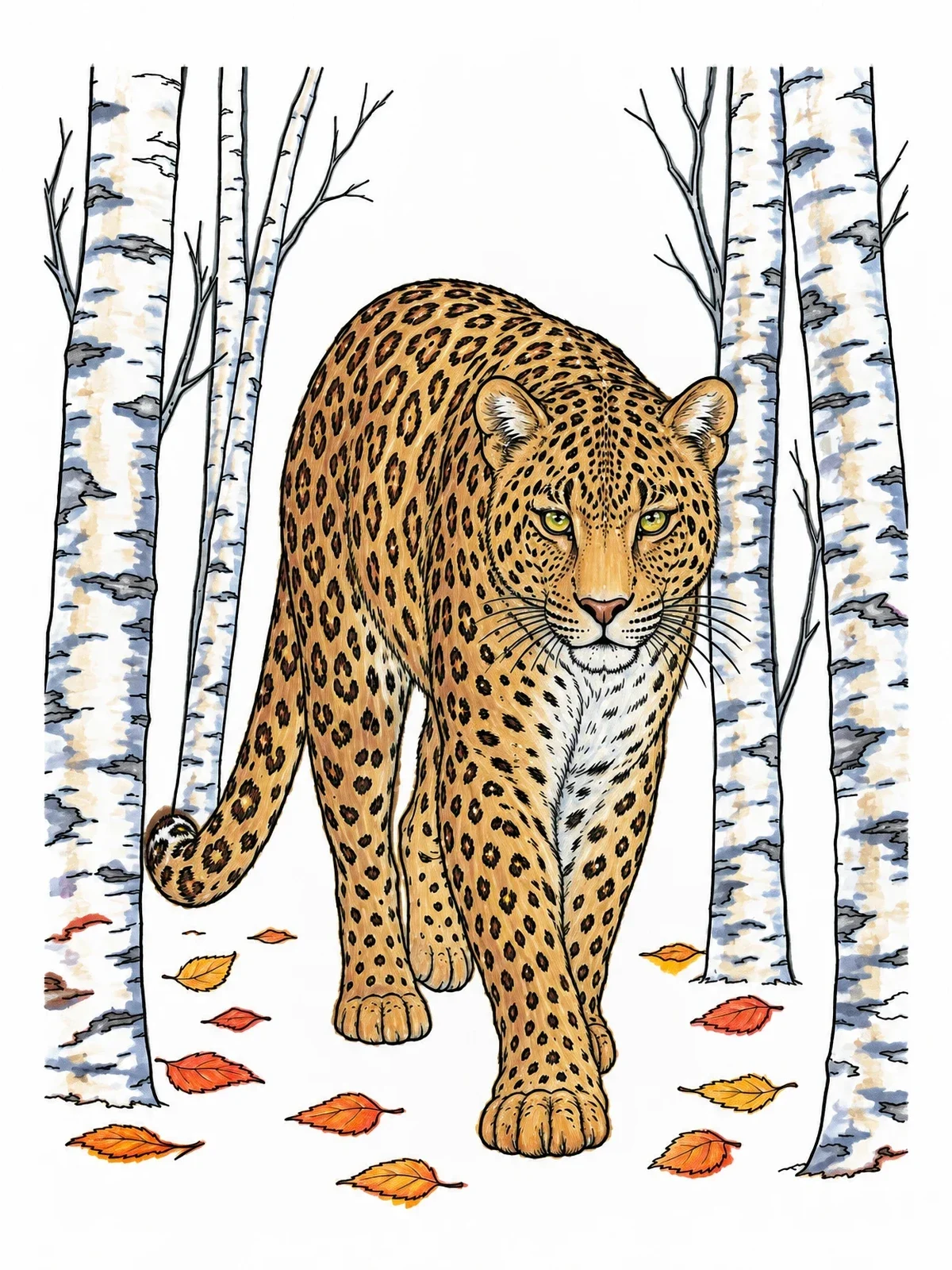 Colored example of the Realistic Leopard In Birch Forest coloring page