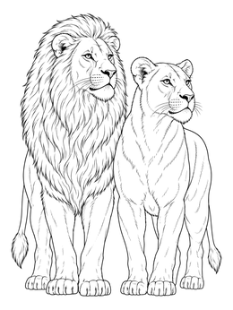 Realistic lion and lioness coloring page standing side by side attentively.