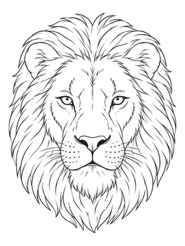 A detailed lion coloring page featuring a front-facing portrait of a male lion with a flowing mane.