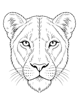 A realistic lioness coloring page featuring a detailed front portrait of the wild cat.