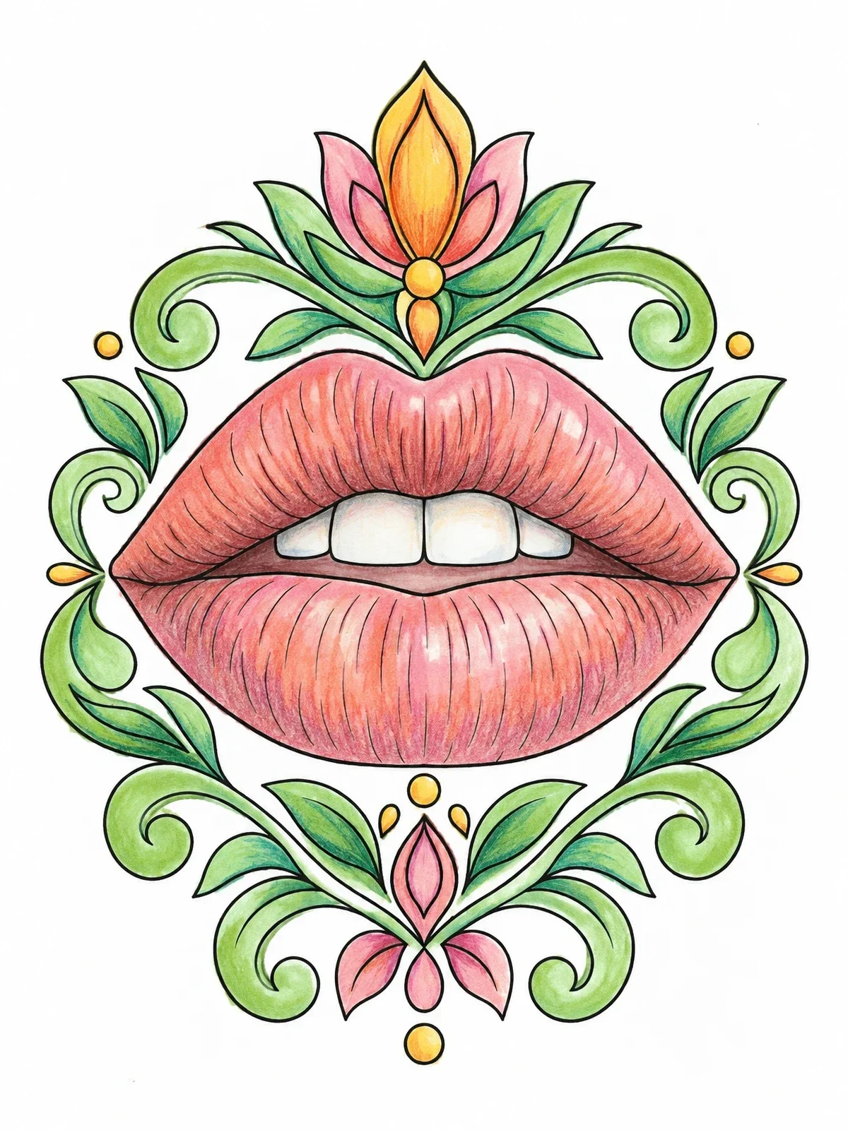 Colored example of the Decorative Lips With Floral Ornament coloring page
