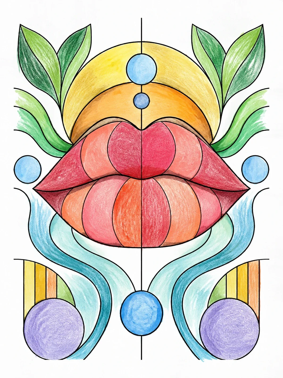 Colored example of the Geometric Art Nouveau Lips coloring page