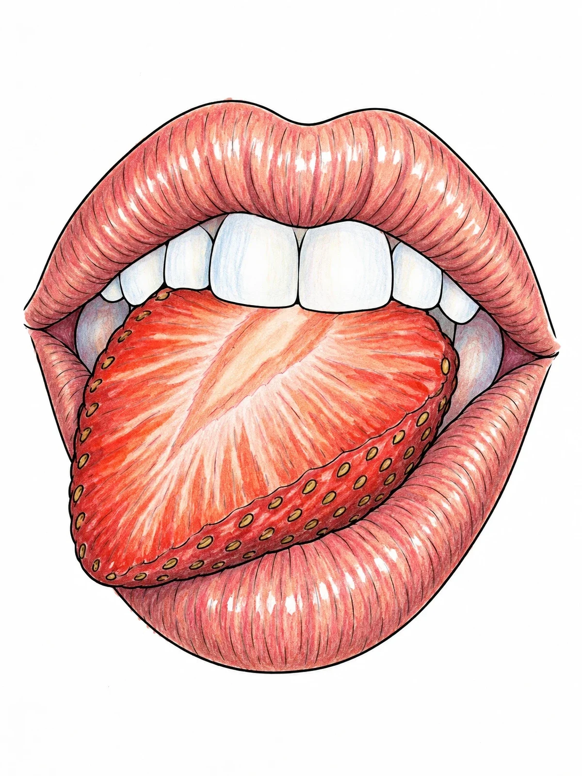 Colored example of the Lips Biting A Strawberry Slice coloring page