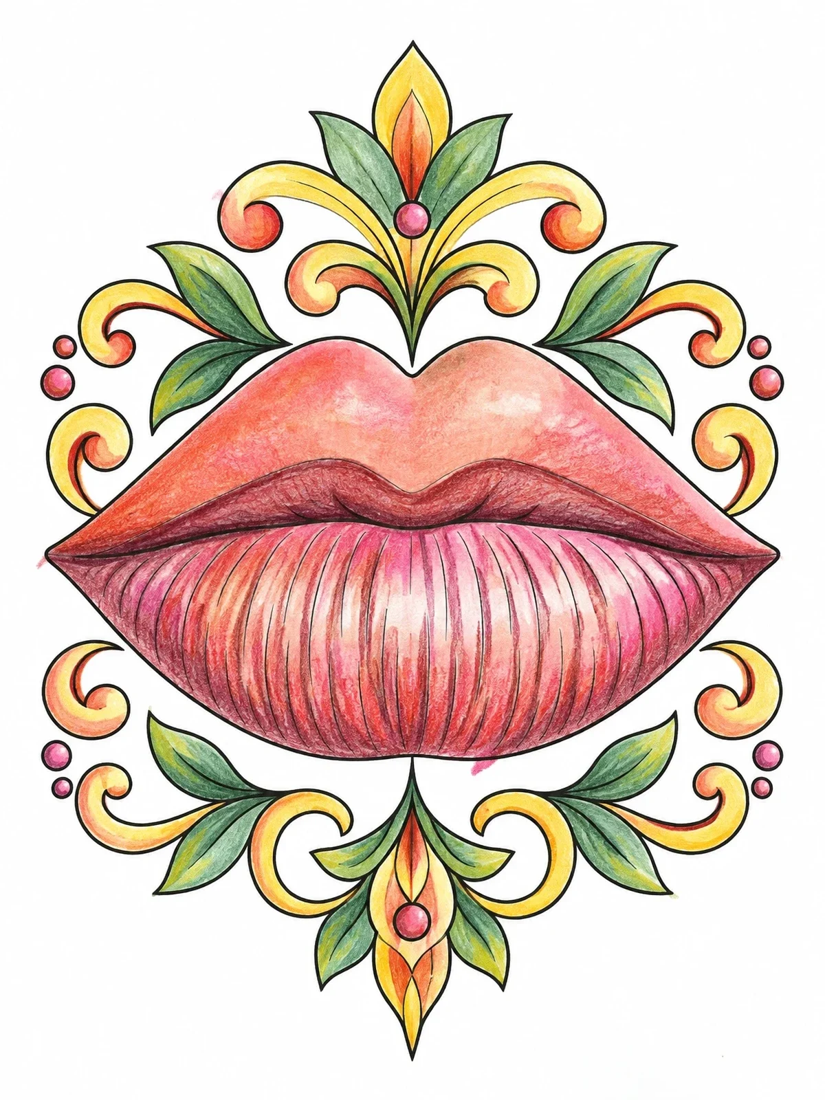 Colored example of the Ornate Framed Lips With Texture coloring page