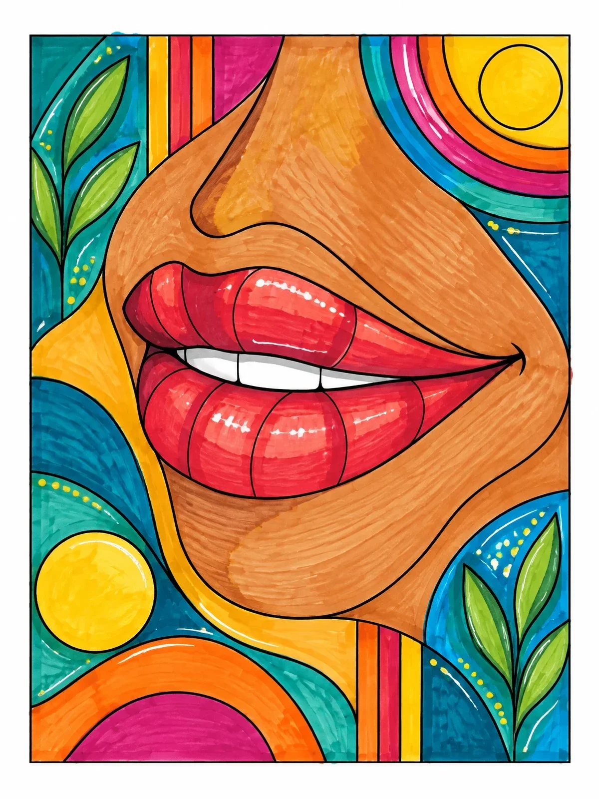 Colored example of the Stylized Smiling Lips Line Art coloring page