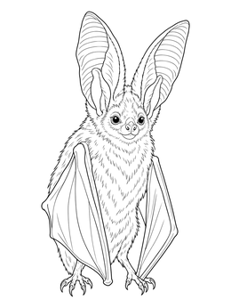 A realistic bat coloring page featuring a fluffy long-eared bat with folded wings and detailed claws.