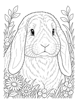 A close up bunny coloring page of a lop-eared rabbit surrounded by garden flowers and grass.