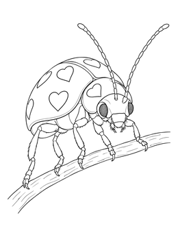 A detailed love bug coloring page featuring heart spots on a twig.