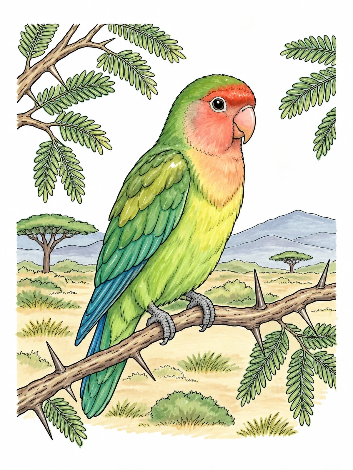 Colored example of the Realistic Lovebird On Acacia Branch coloring page