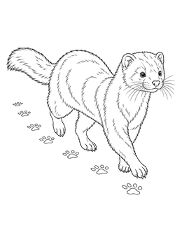 A realistic mink coloring page showing the animal walking forward leaving small paw prints behind.